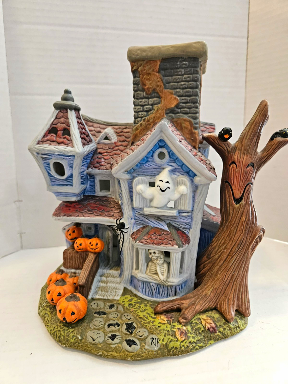 Haunted House Halloween Ceramic Village House, Ghost & Pumpkin, 3D Effect