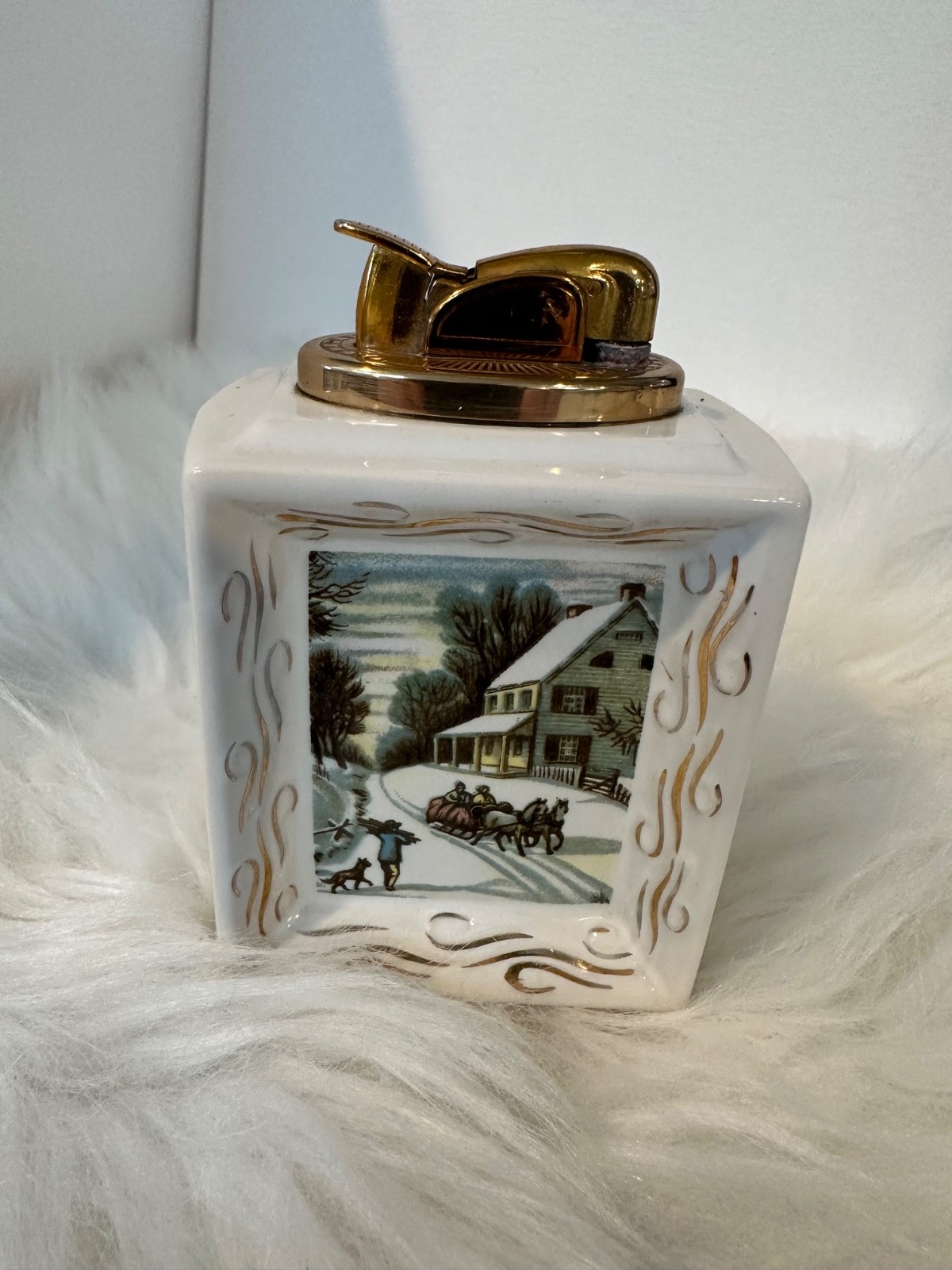 Vintage Working EVANS  Table Lighter Currier & Ives WINTER SCENE c1928  4918/13