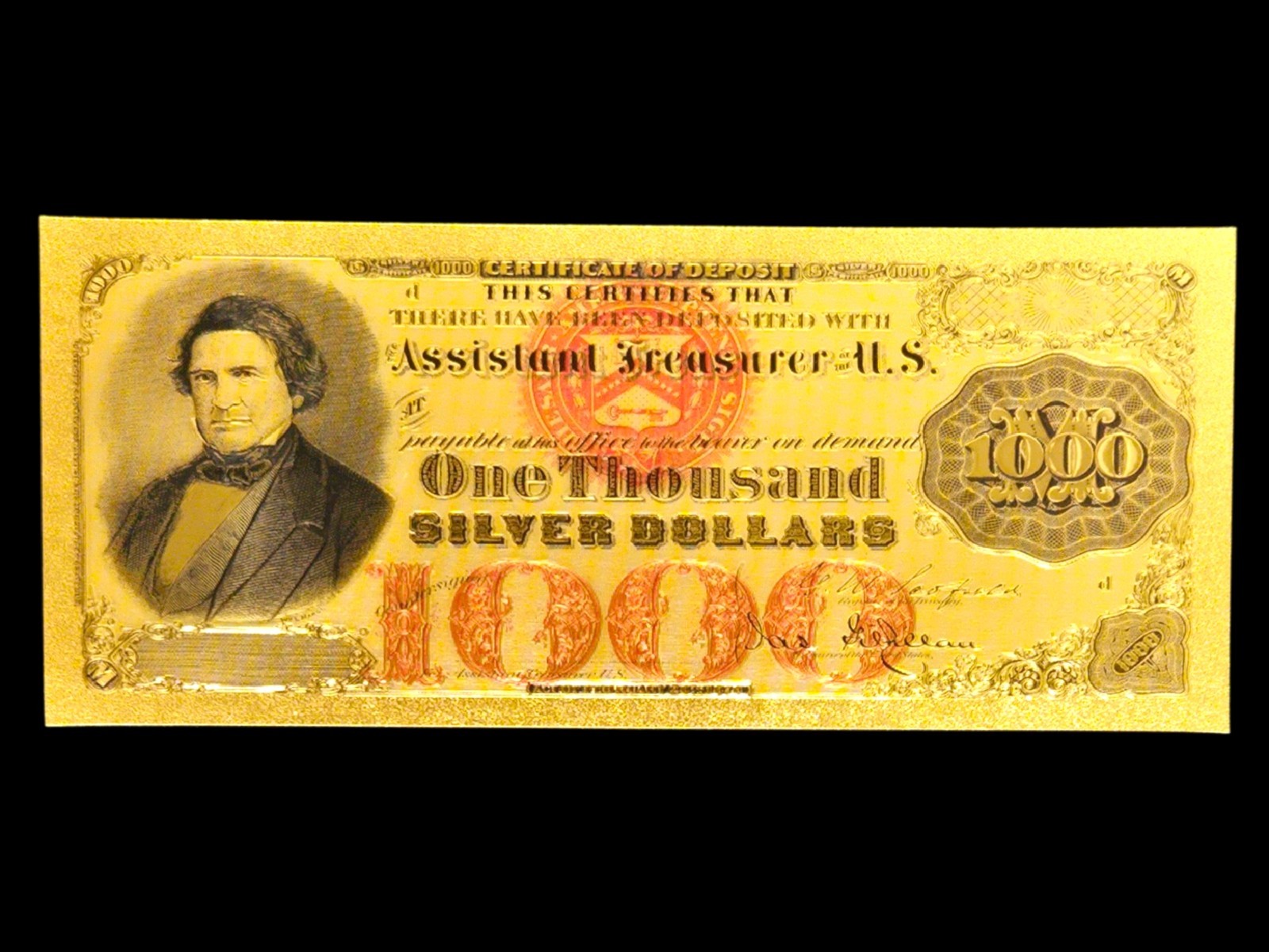 USA 1878 $1000 Silver Certificate - Marcy - 24KT Gold Foil Fantasy Bank Note