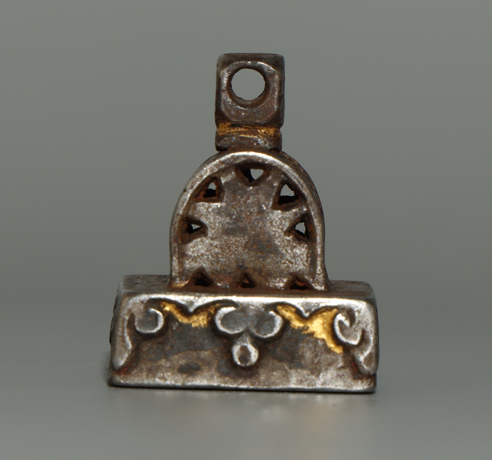 Real Tibet Vintage Old Buddhist Gold‑Inlay Iron Seal Manjushri Mantra Amulet
