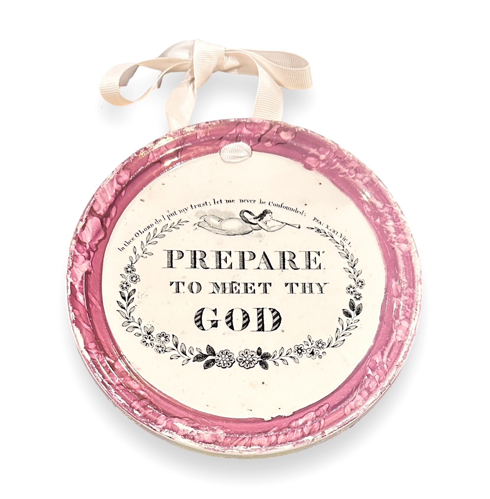Pink Lustre Plaque Prepare to Meet Thy God North Shields Pottery C C & Co