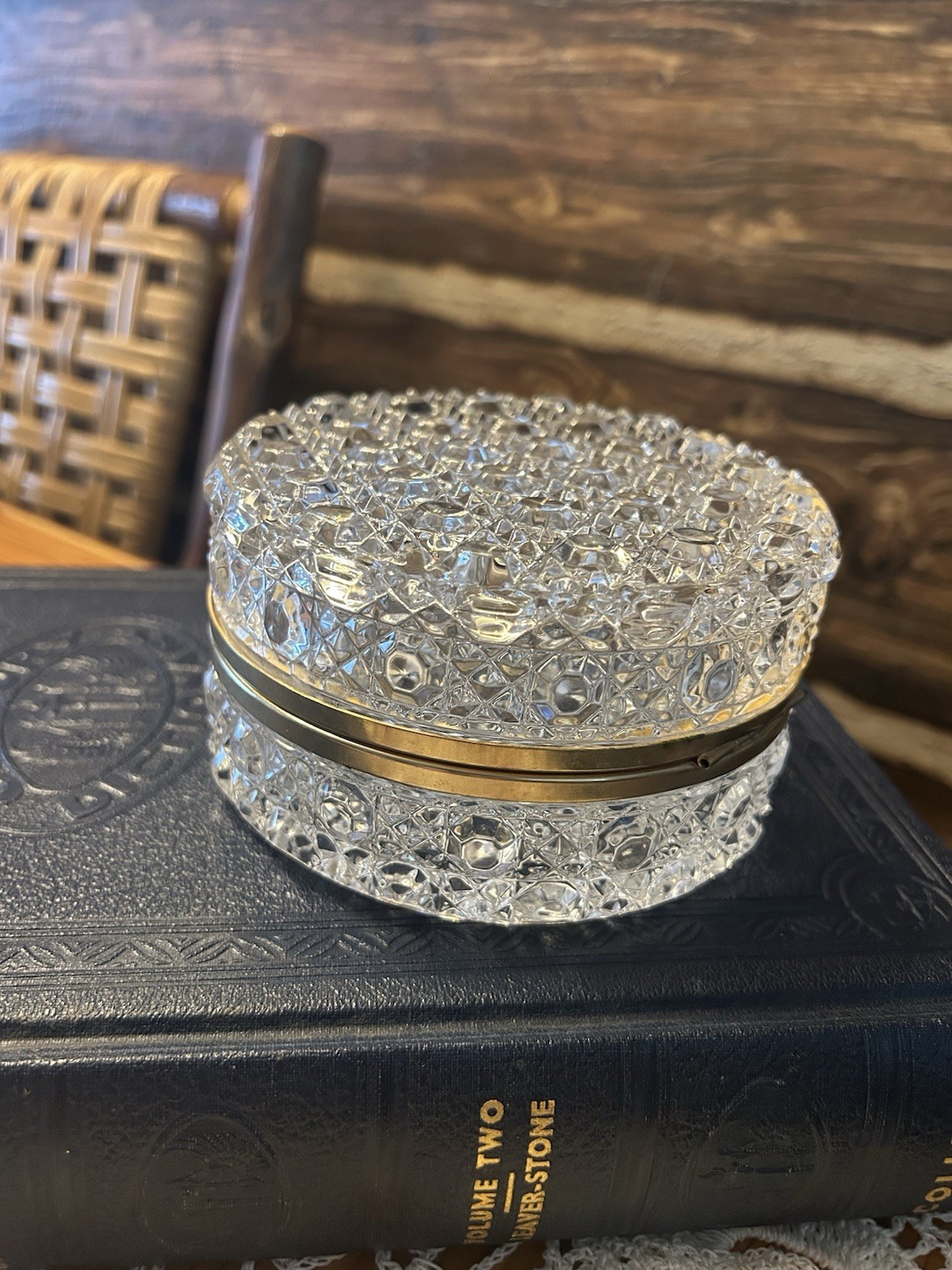 Vintage Oval Cut Crystal Trinket Box w/ Gold Tone Band – Elegant Jewelry Casket 