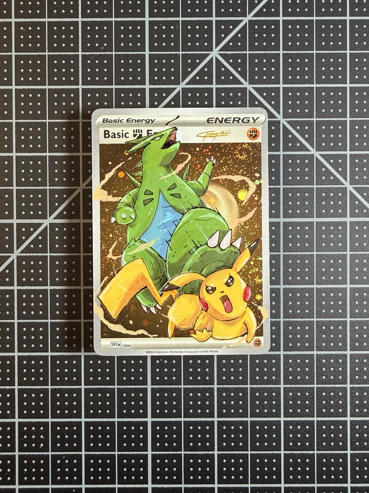Tyranitar Pikachu Hand Painted 1/1 Art Holo Pokemon Energy Card Teeroy.Art