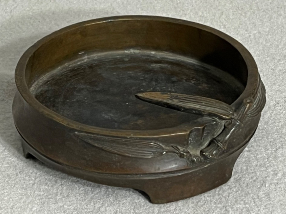 Antique Nogawa Japanese Bronze Paint Brush Inkwell Bowl Water Dish Tray Meiji
