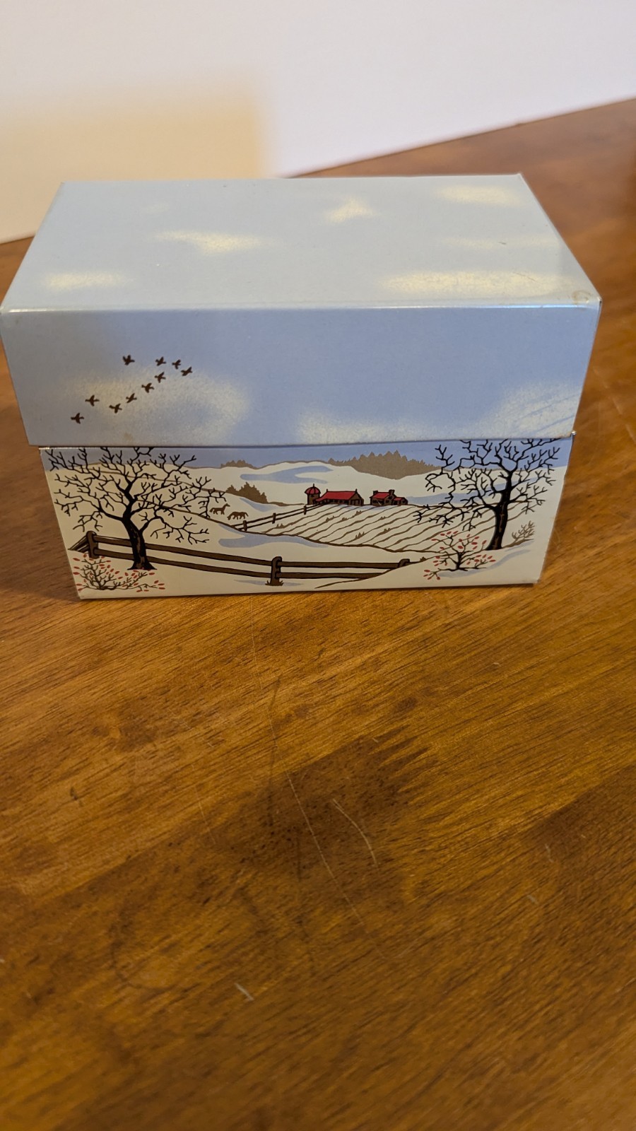Vintage 4x6 Metal Recipe  Index Card Box Winter Scene