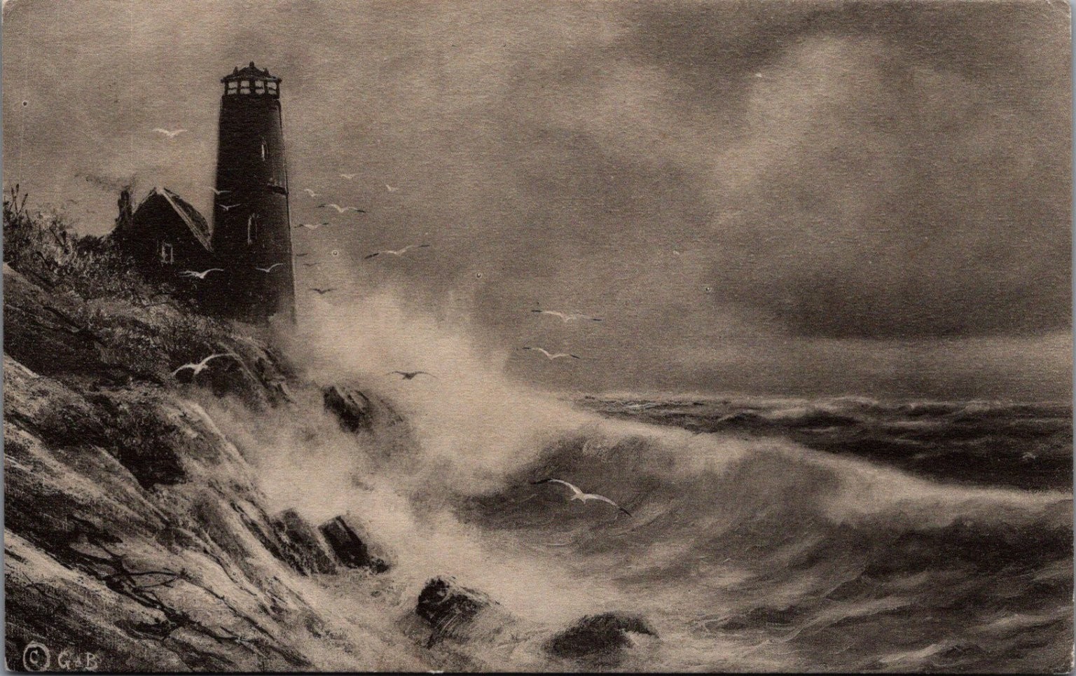 1912 Stormy Sea Lighthouse Art Postcard - G&B Publisher, Dramatic Waves