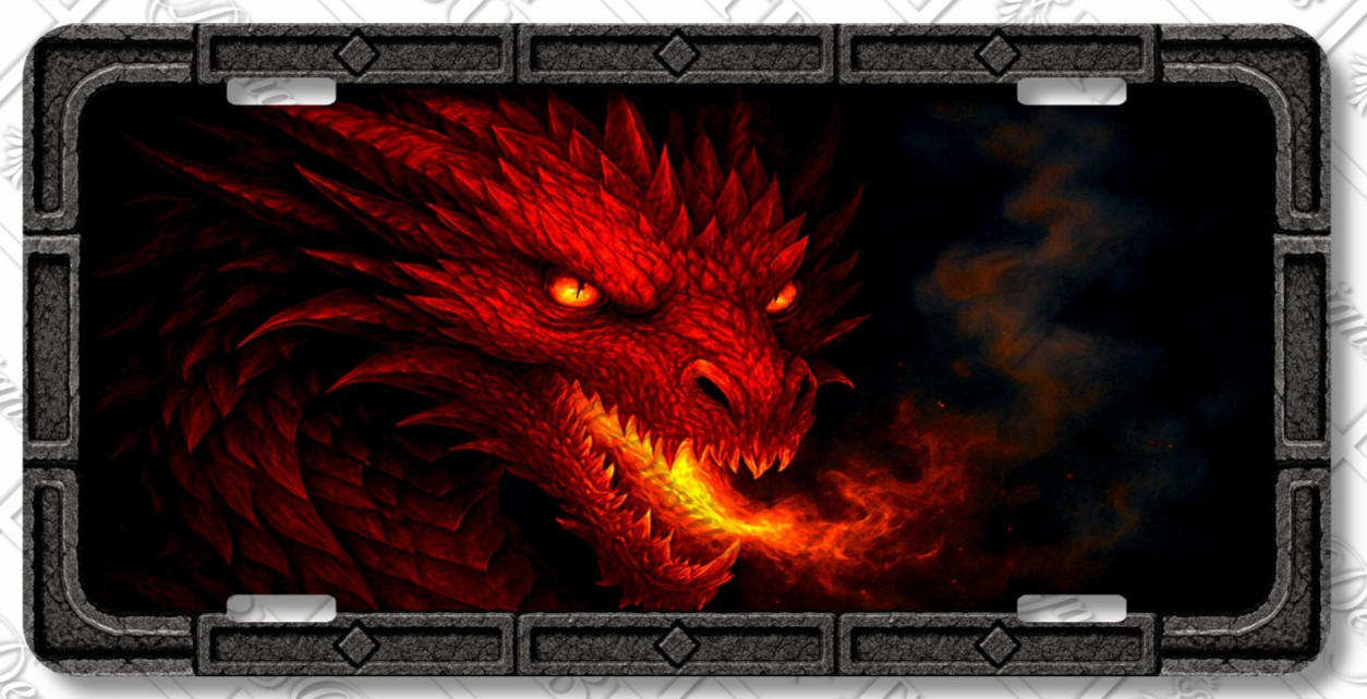 Infernal Red Fire Dragon License Plate – Rustic Fantasy Car Tag – LP-DR008