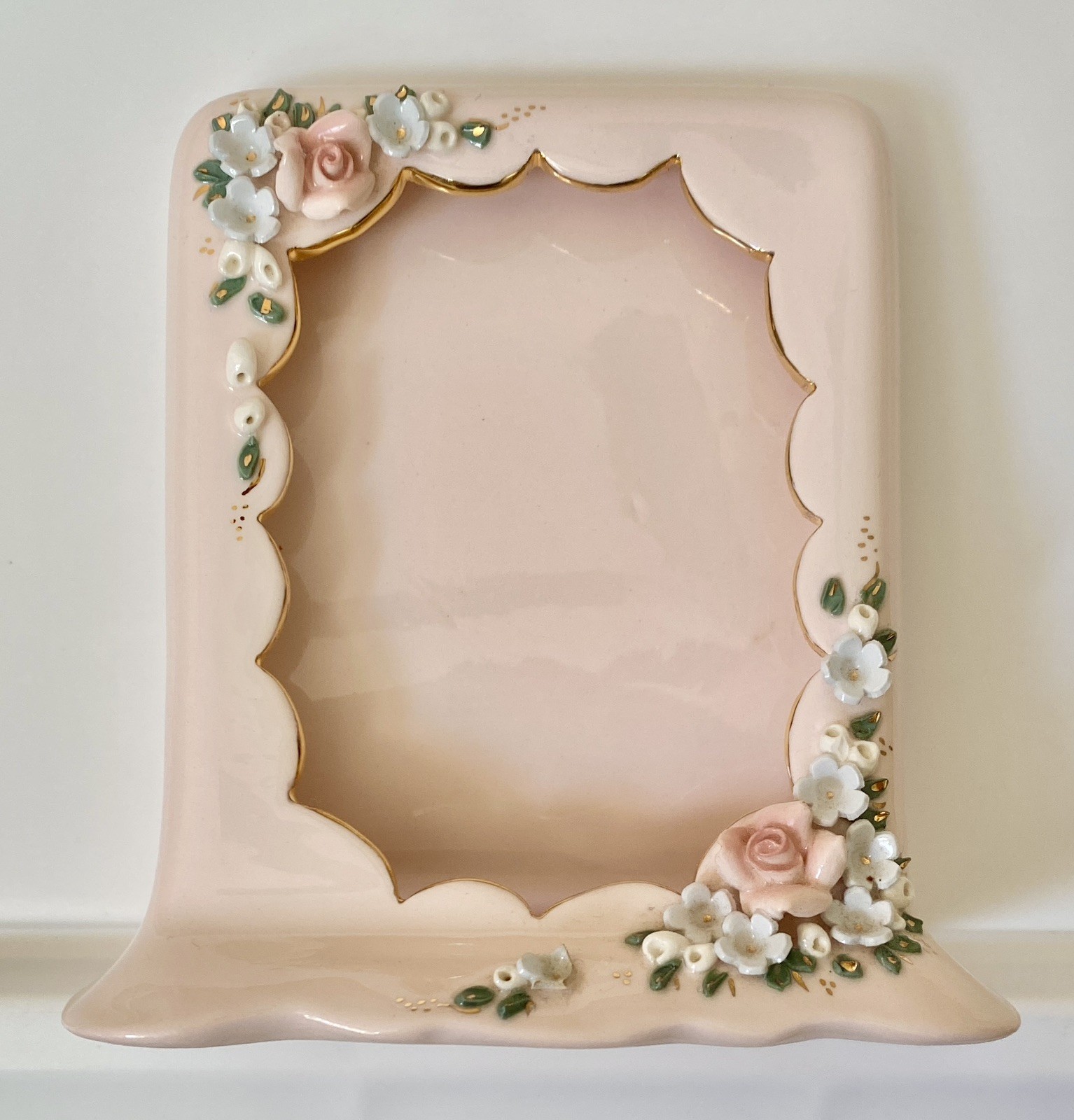 Rare Florence Ceramics Floral Rose Blush Pink Picture Frame Pat. Pending Signed