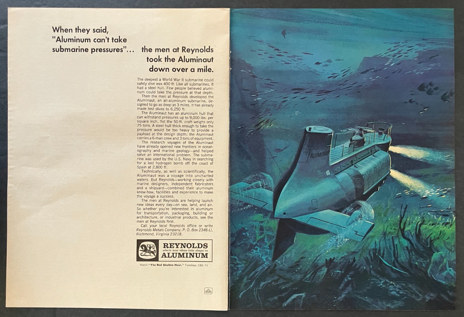 1967 Reynolds Aluminum Richmond Virginia Aluminaut Submarine Vintage Print Ad