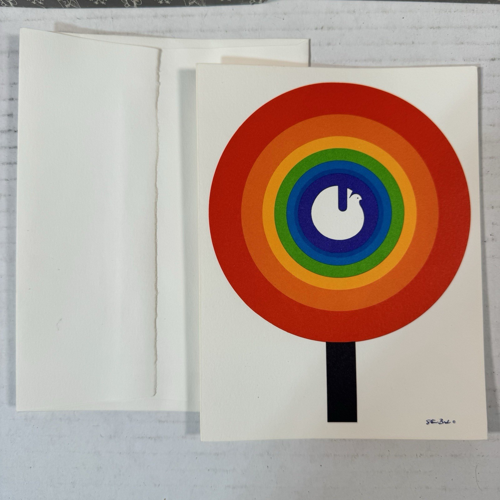 VTG Irene Dash Xmas/New Years Greeting Card Stan Brod “Dove/Rainbow”MCM Colorful
