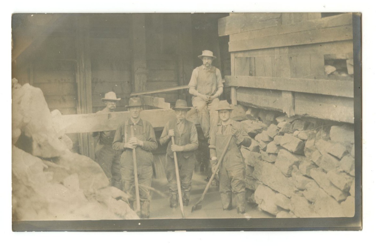 Workers with Tools Rocks Water Occupational Real Photo Postcard RPPC