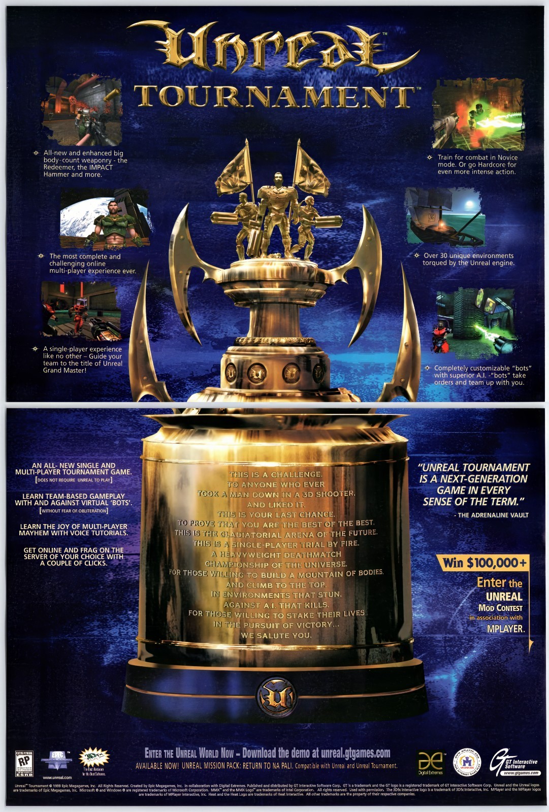 Unreal Tournament - PC FPS Game - Vintage Original Print Ad/Poster Promo 1999
