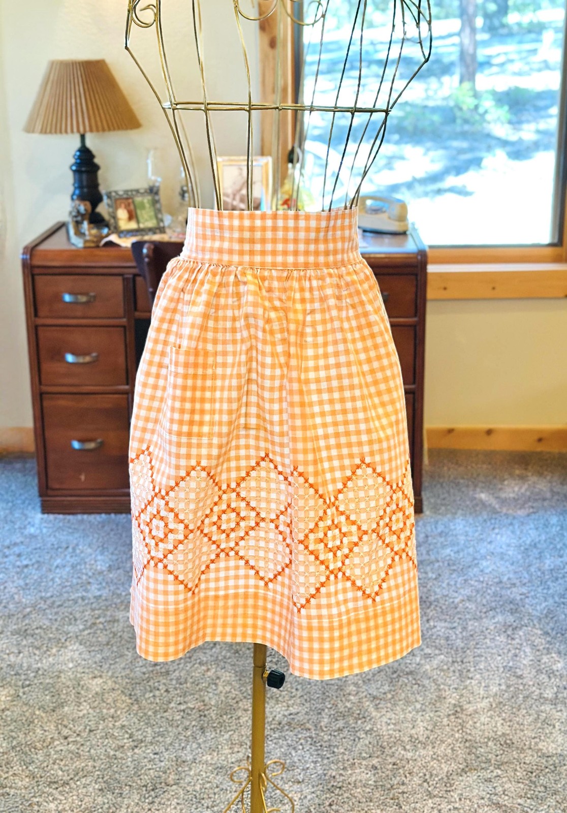 Vintage 1950s Orange Gingham Checked Half Apron – Handmade Grandmacore