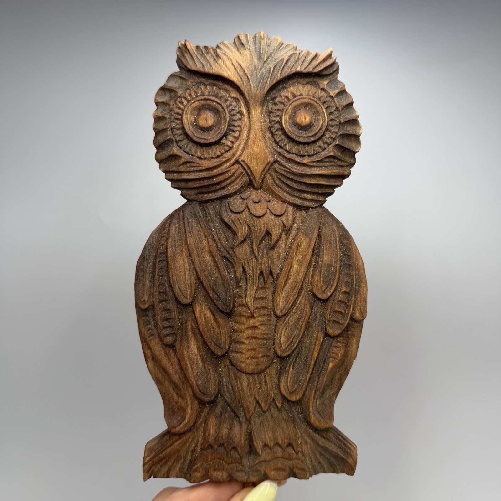 Vintage Hand Carved Wooden Owl Wall Plaque Rustic Folk Art Bird Decor Linden Woo