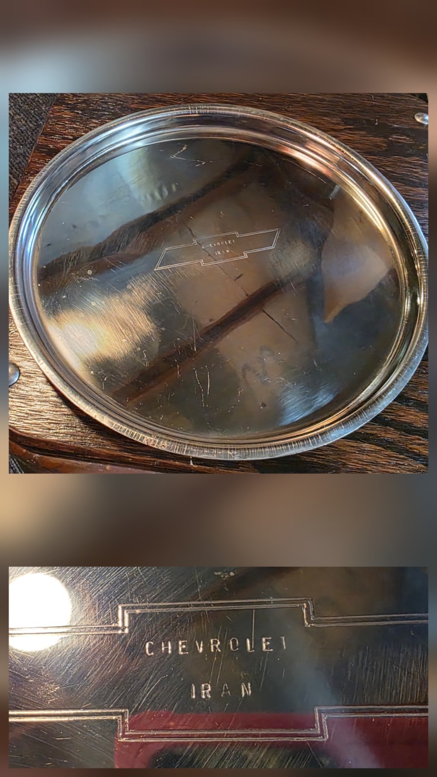 Chevrolet Iran Metal Serving Tray Sign Stainless Steel 1970s Etched