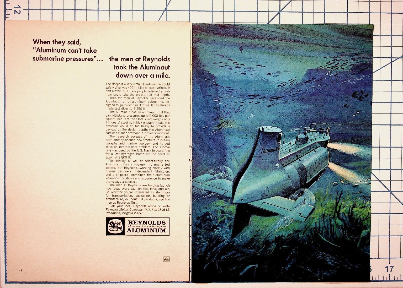 Aluminaut Submarine Reynolds Aluminum Vintage 1960s Magazine Ad US Navy