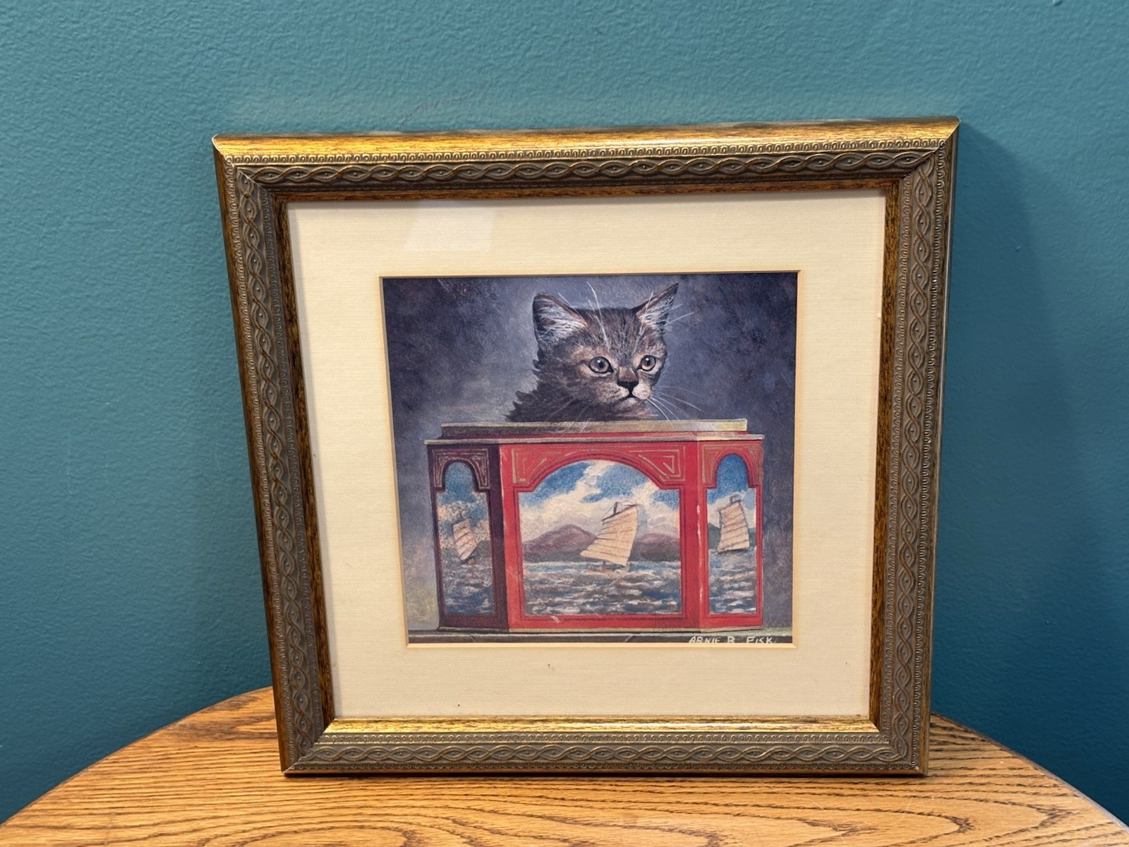 Pre Owned VTG Hanging Precious Gray KITTY CAT Hiding In A Sailboat FRAMED