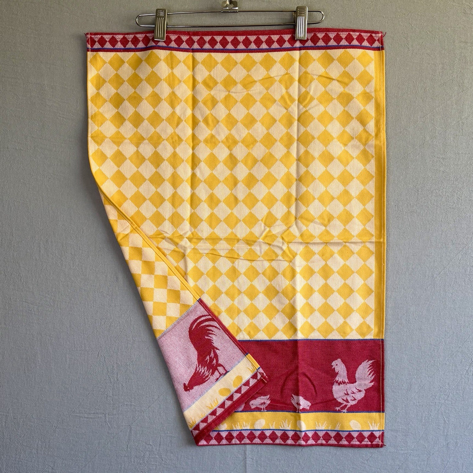 Rooster Chicken Tea Towel Vintage Santens Jacquard Yellow Red Made in Belgium