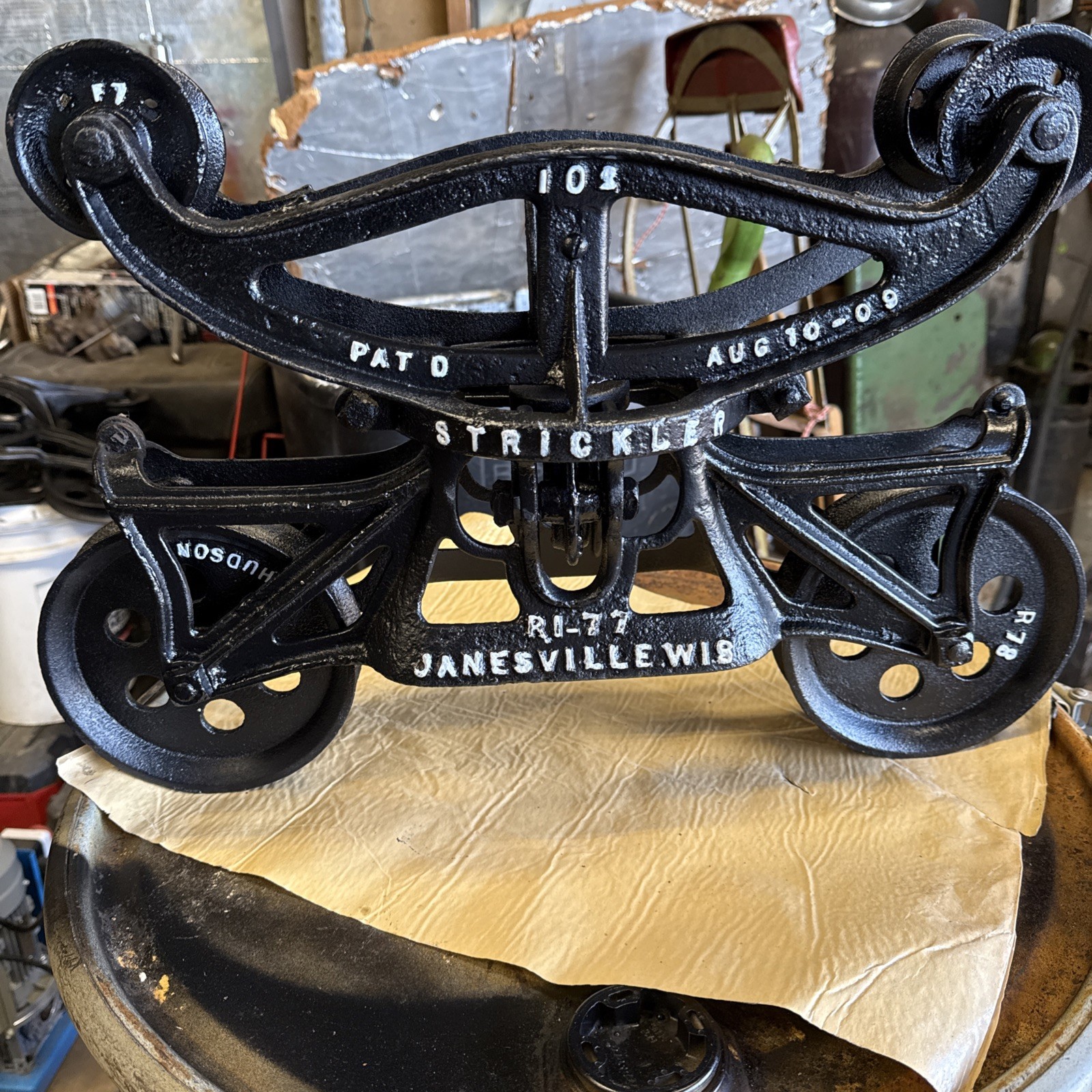 Antique Strickler Janesville WI Hay Trolley Carrier Steampunk Barn rope pulley