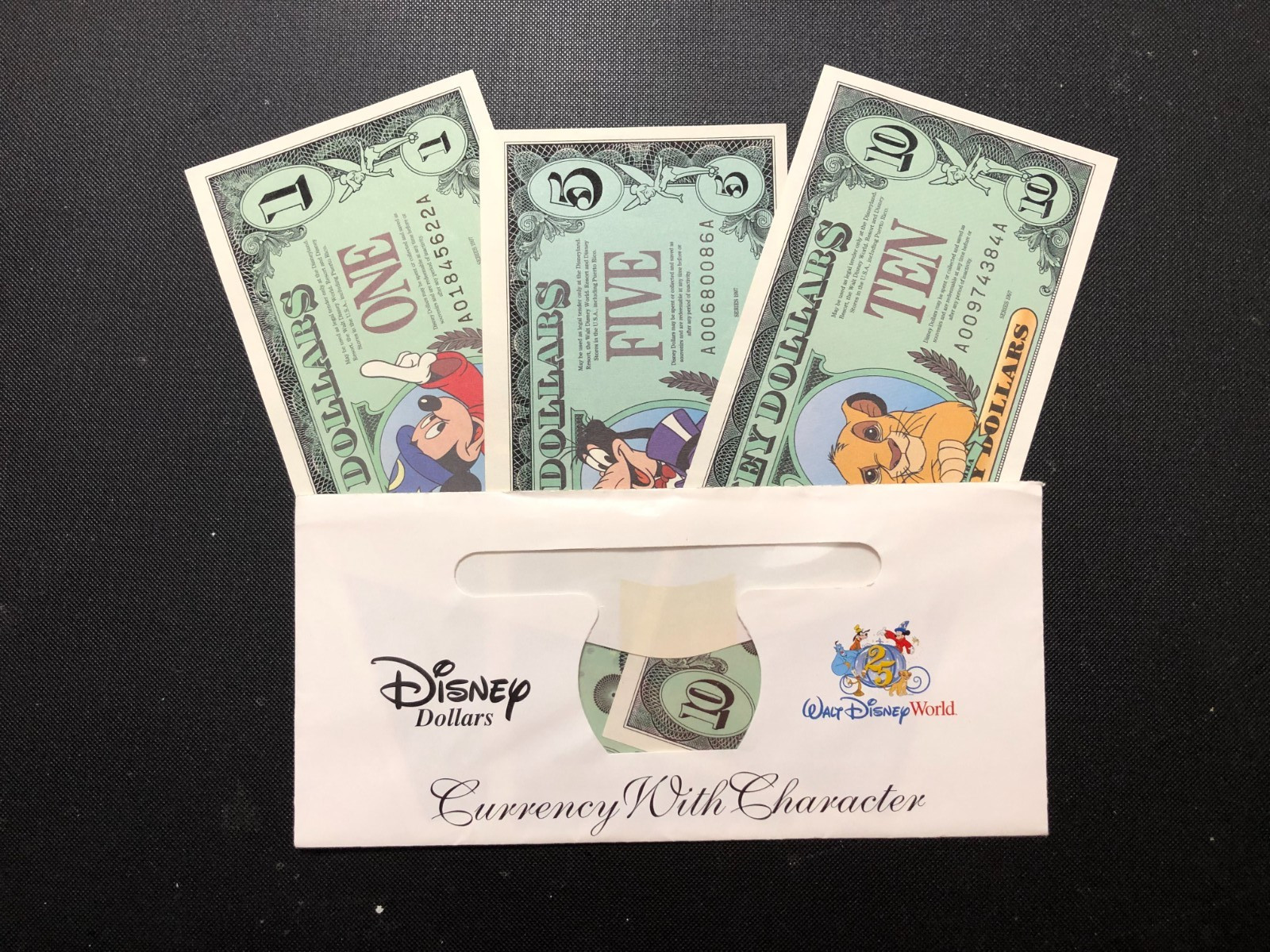 1997 Disney Dollars 25th Aniv. $1, $5, $10 w/ Envelope Second Lot Of Three