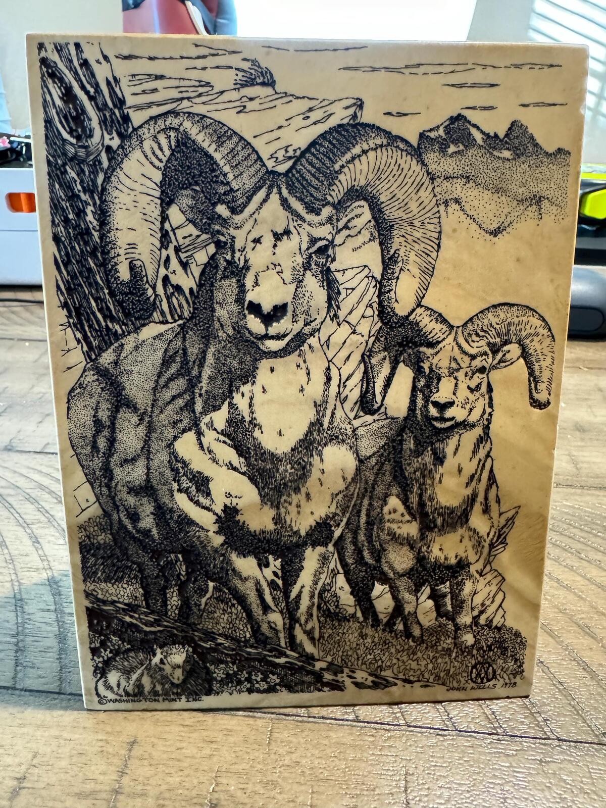1978 John Wills Etched  Marble Plaque- Nature - Rams