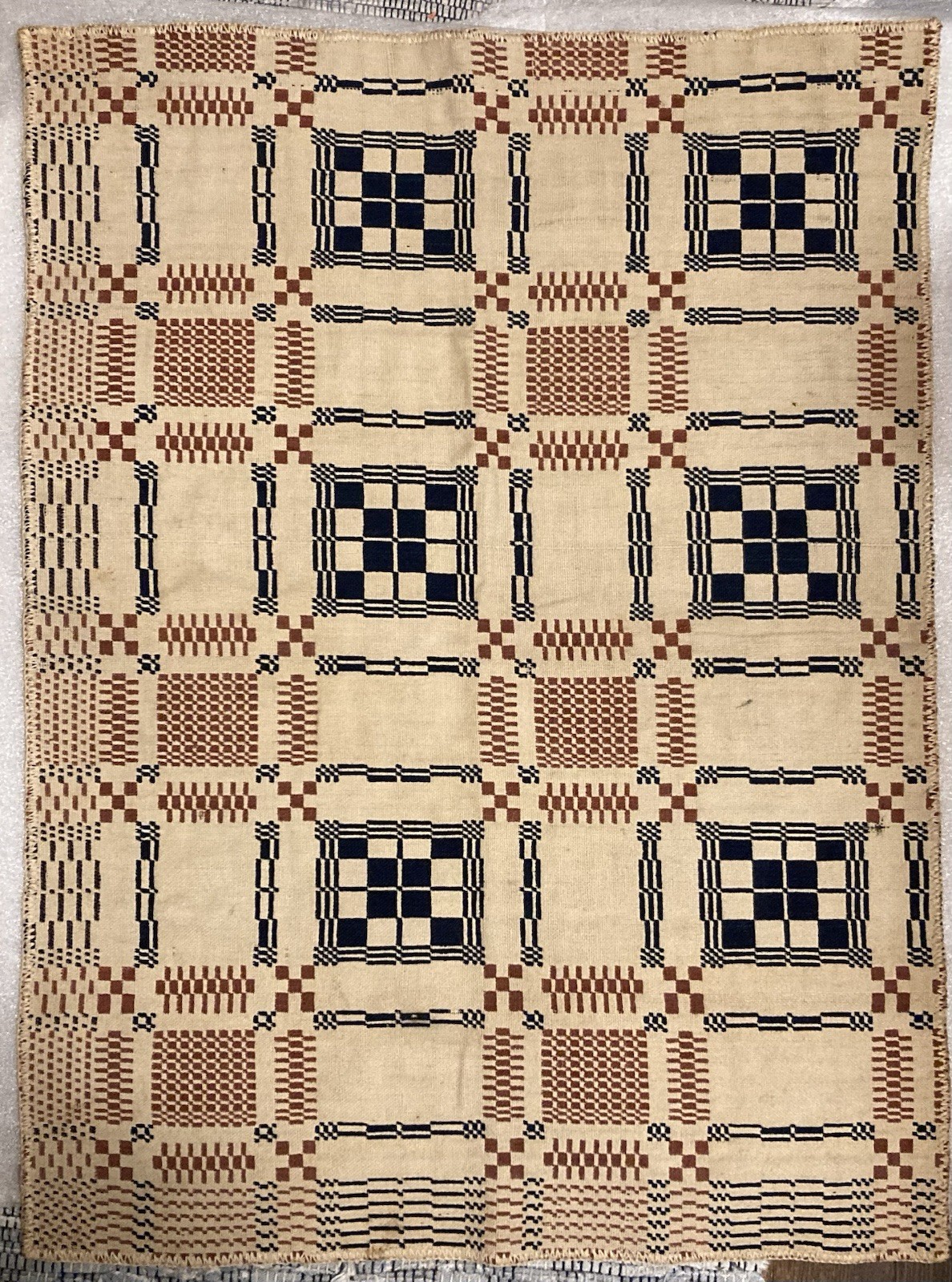 Antique American Woven Wool Overshot Coverlet Blanket Salvaged Remnant Primitive