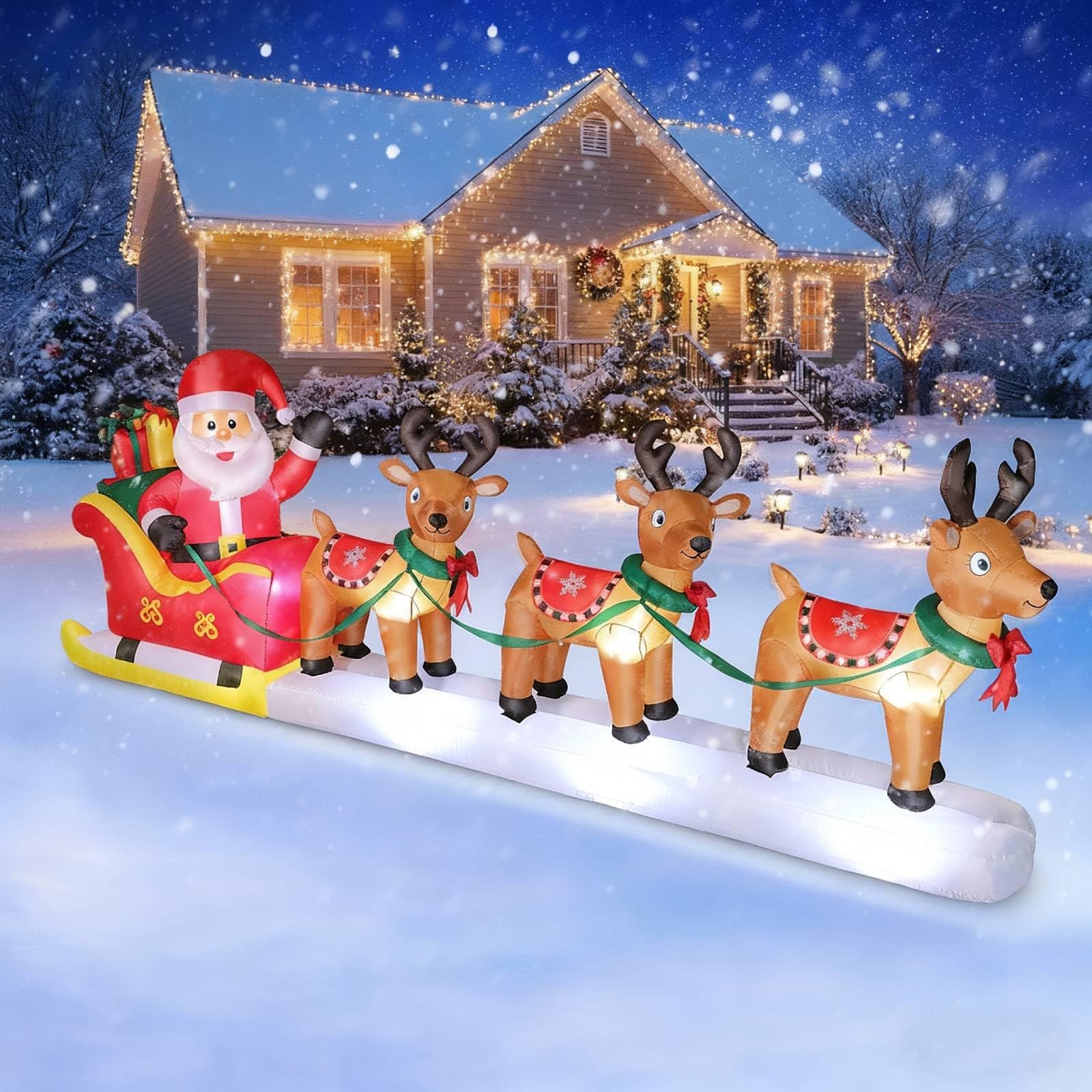 12 FT Long Christmas Inflatables Santa Claus with Reindeers Outdoor Colorful 