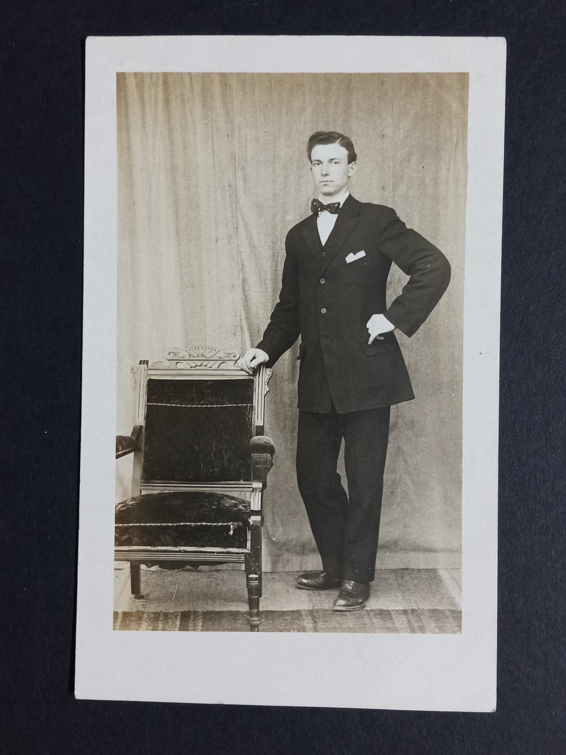 Vintage RPPC Young Man Studio Portrait Bow Tie Suit Fashion 1900s Postcard