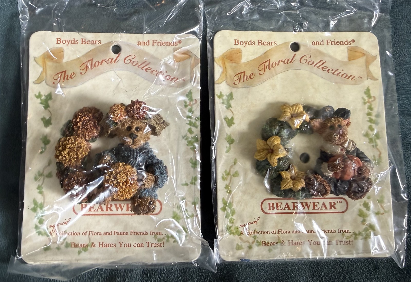Boyds Bears BEAR WARE Floral Collection Brooches / Pins PUNKIN' PUSS & MARIGOLD