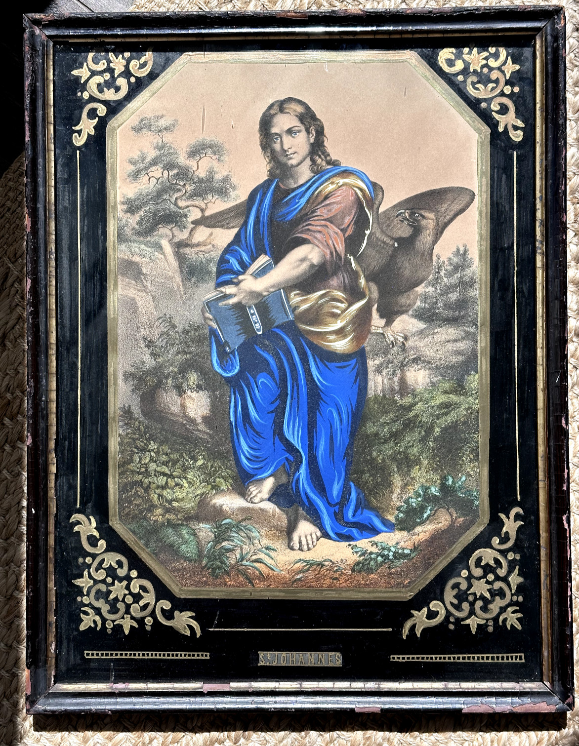 CHRISTIAN SAINT JOHN ST. JOHANNES & EAGLE FRAMED HAND COLORED 17\