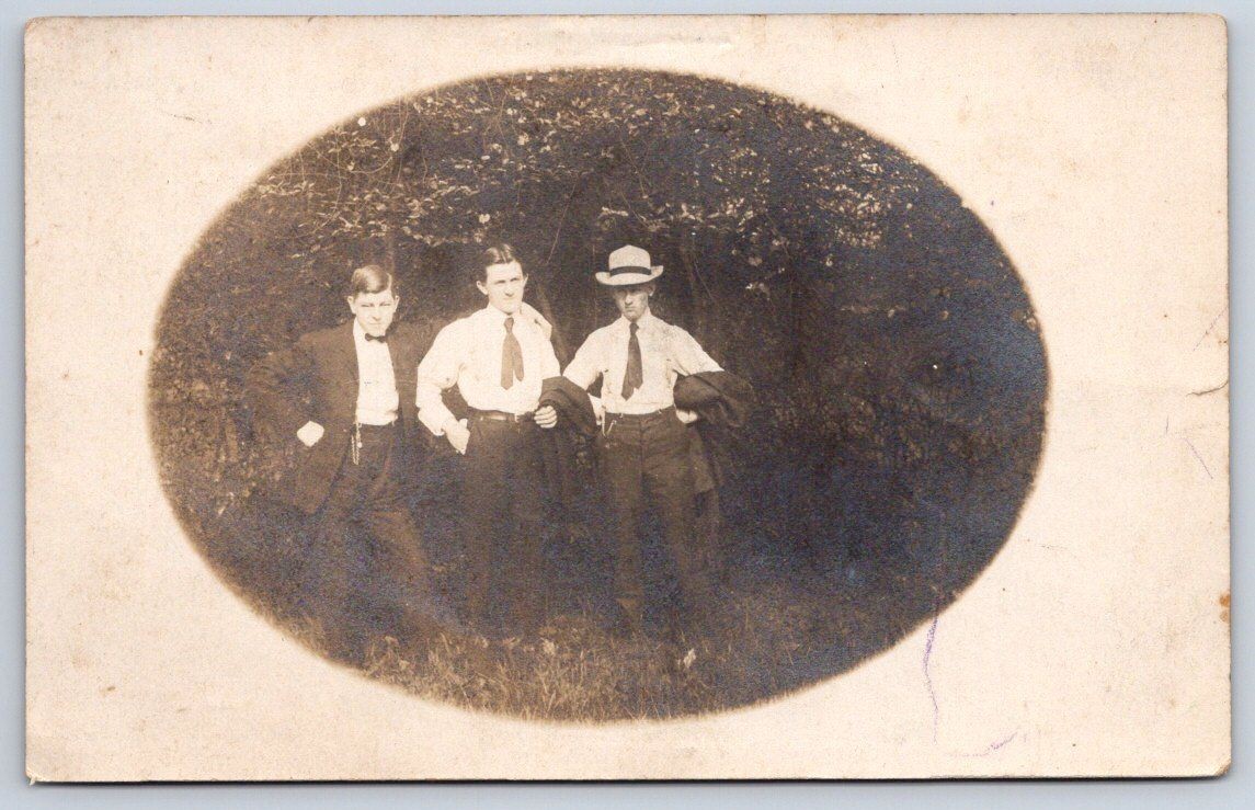 Vintage Three Young Men Dapper Suits Oval Portrait 1910s RPPC