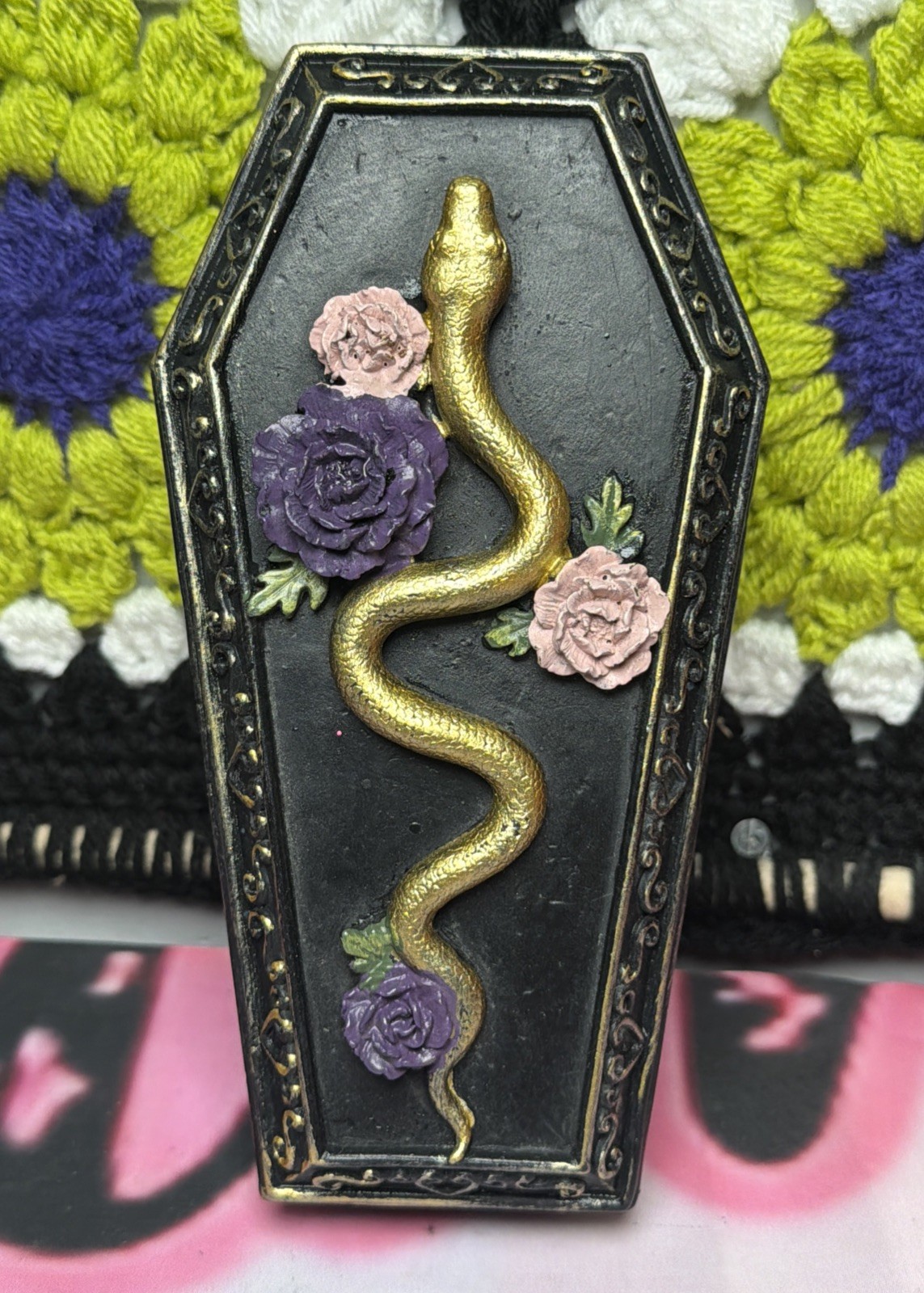 Retired Ashland Wicked Garden Coffin Trinket Box Snake Flowers Bats Resin