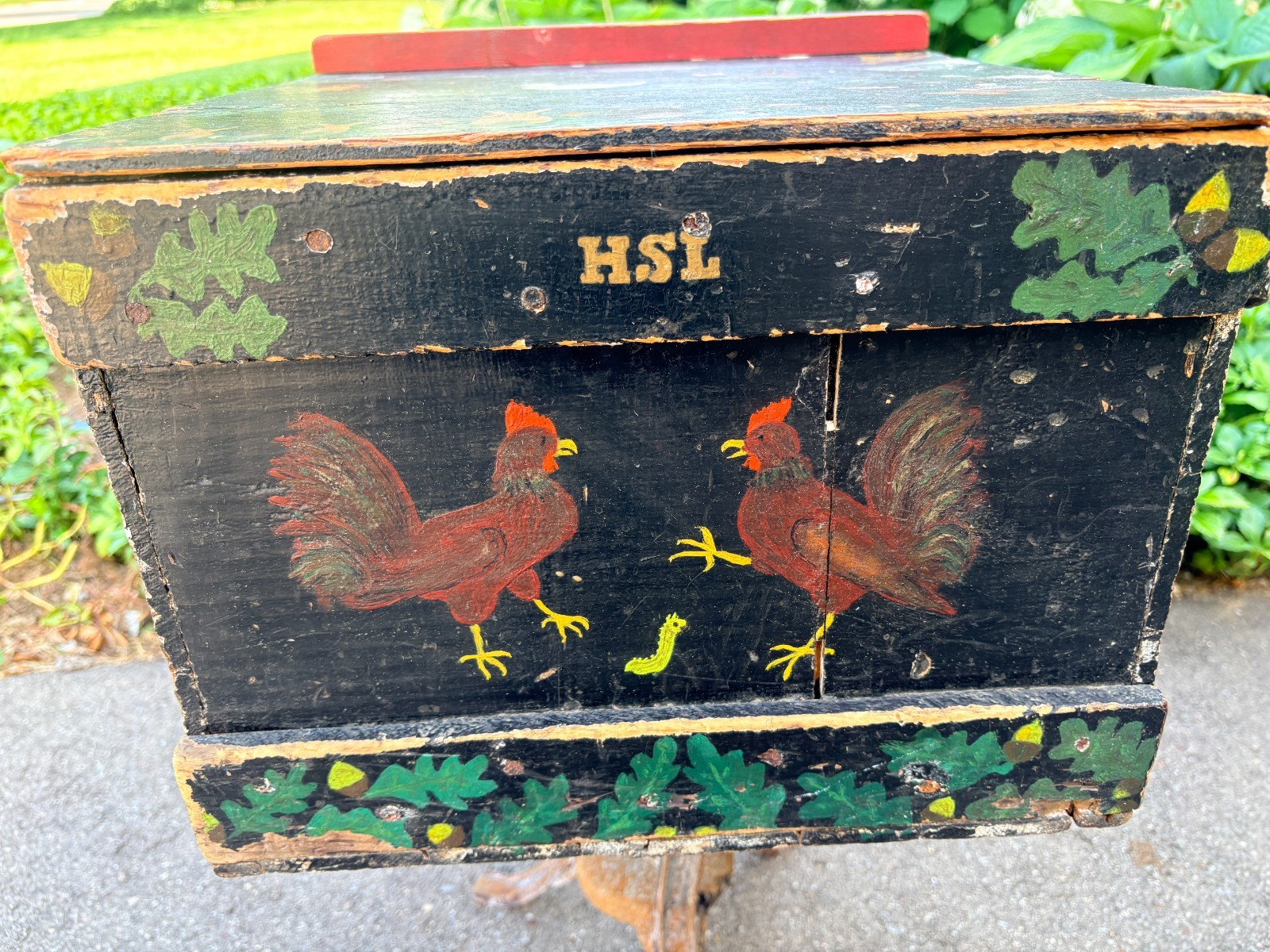 Vintage Folk Art Wooden Hinged Box Unique Hand-Painted Design on Each Side