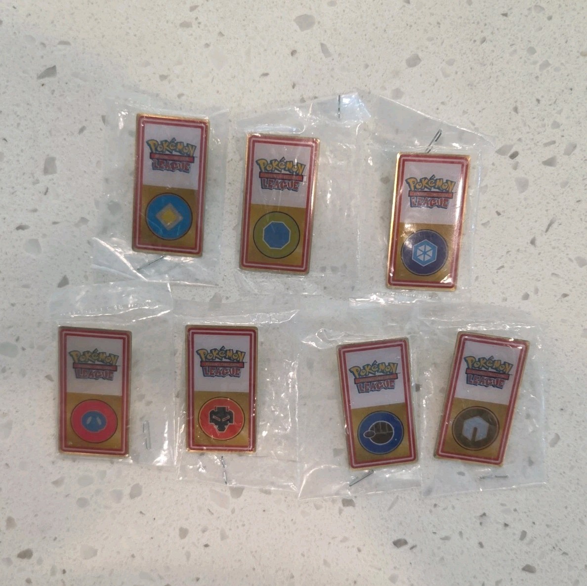 7 Authentic Pokemon JOHTO League Gym Badges Pin Set (early 2000s) Original Bags