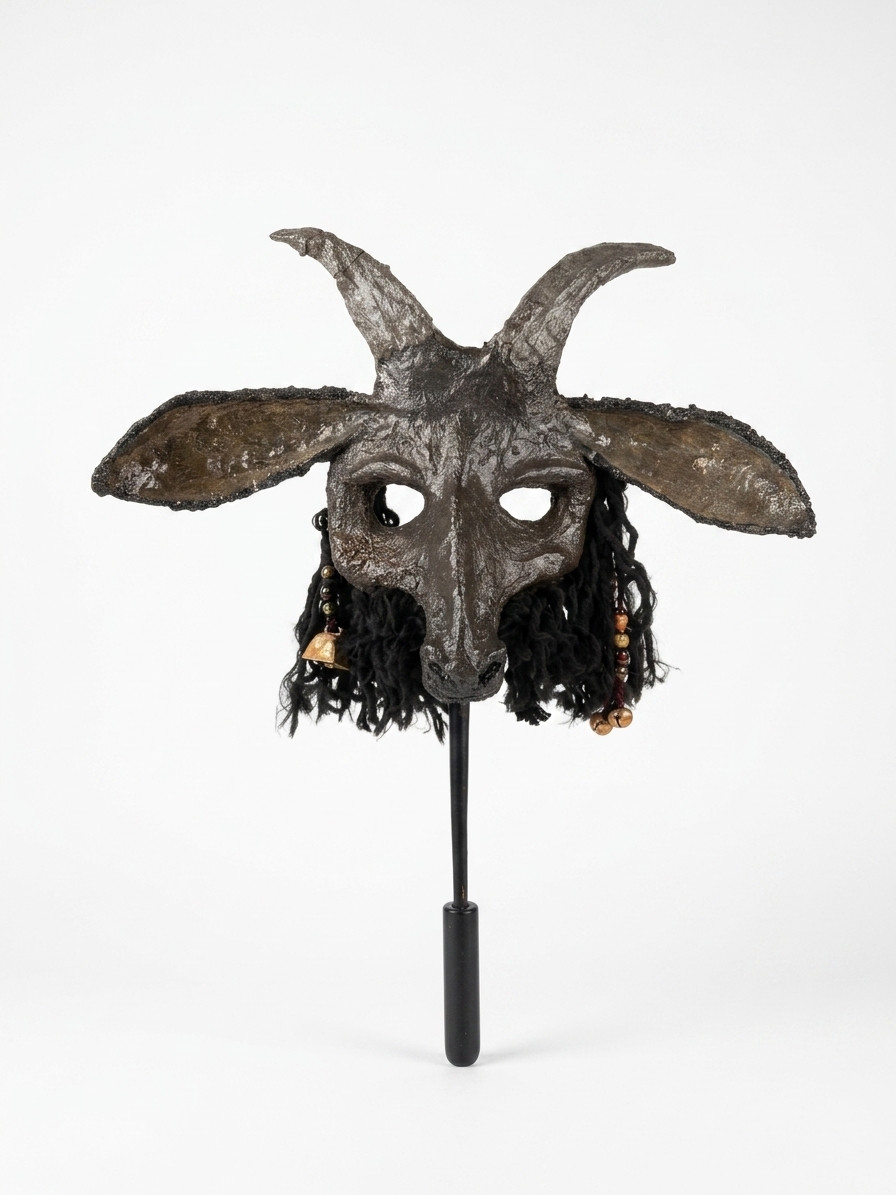 Vintage Handmade Ritualistic Marotte Style Mask Depicting a Horned Goat or Capri