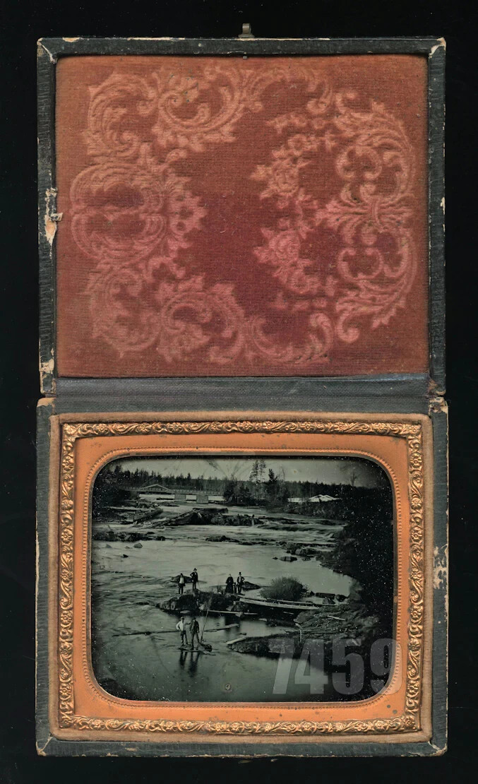 Loggers Big Bull Falls Wisconsin River Rare  Ambrotype Outdoor Logging Photo