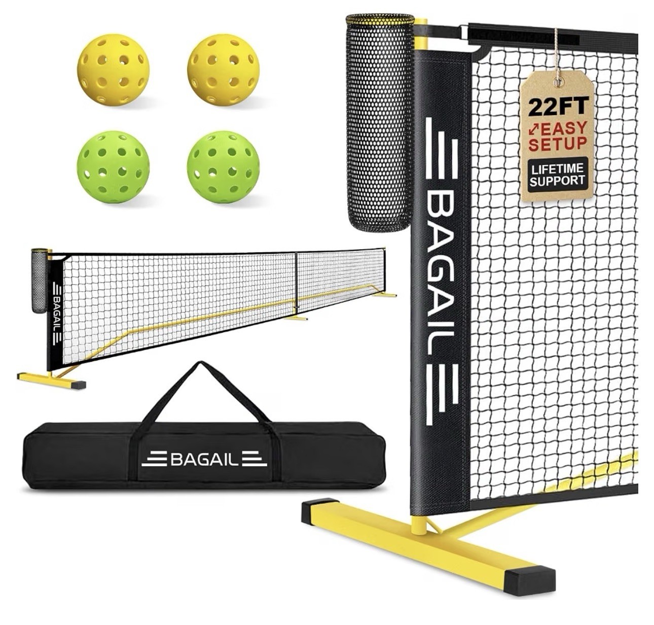 22FT Regulation Pickleball Net System Portable, Ball Collector, Carry Bag 4 ball