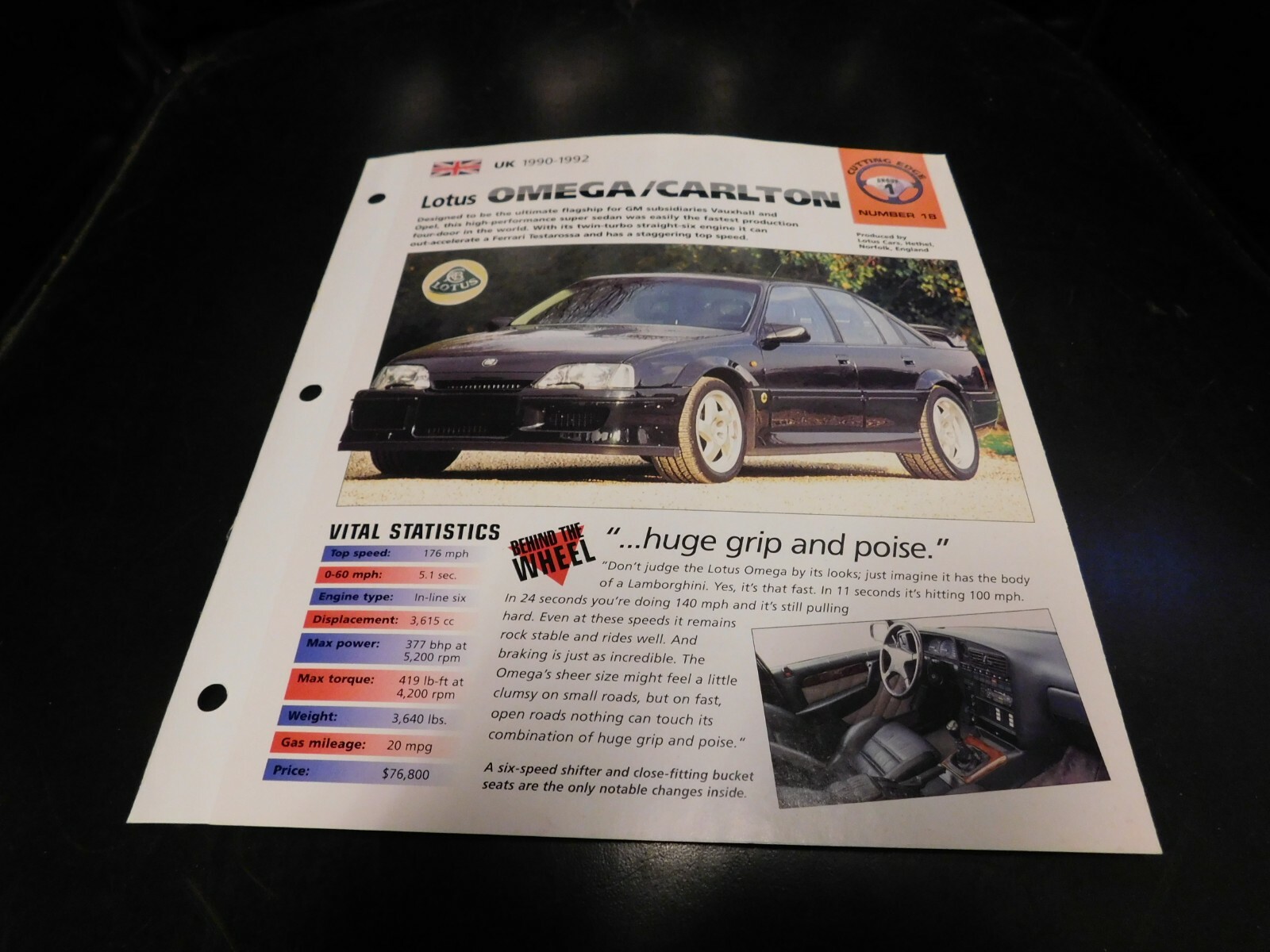 1990-1992 Lotus Omega Carlton Spec Sheet Brochure Photo Poster 91