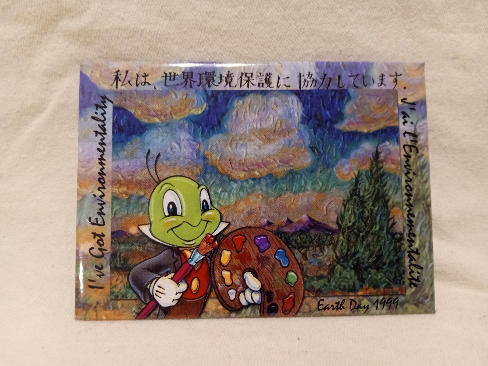 Disney Jiminy Cricket Earth Day Pin 1999. Vintage Painted On Recycle Material 