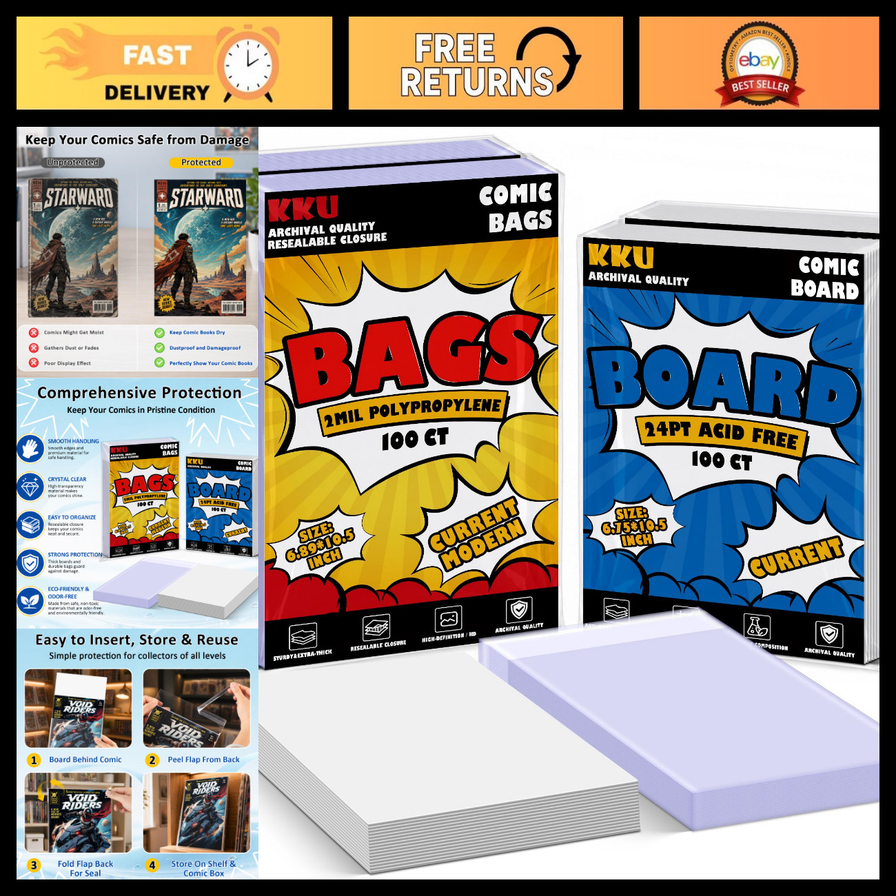 200 Pack Comic Book Bags & Boards, Clear Resealable Sleeves for Protection