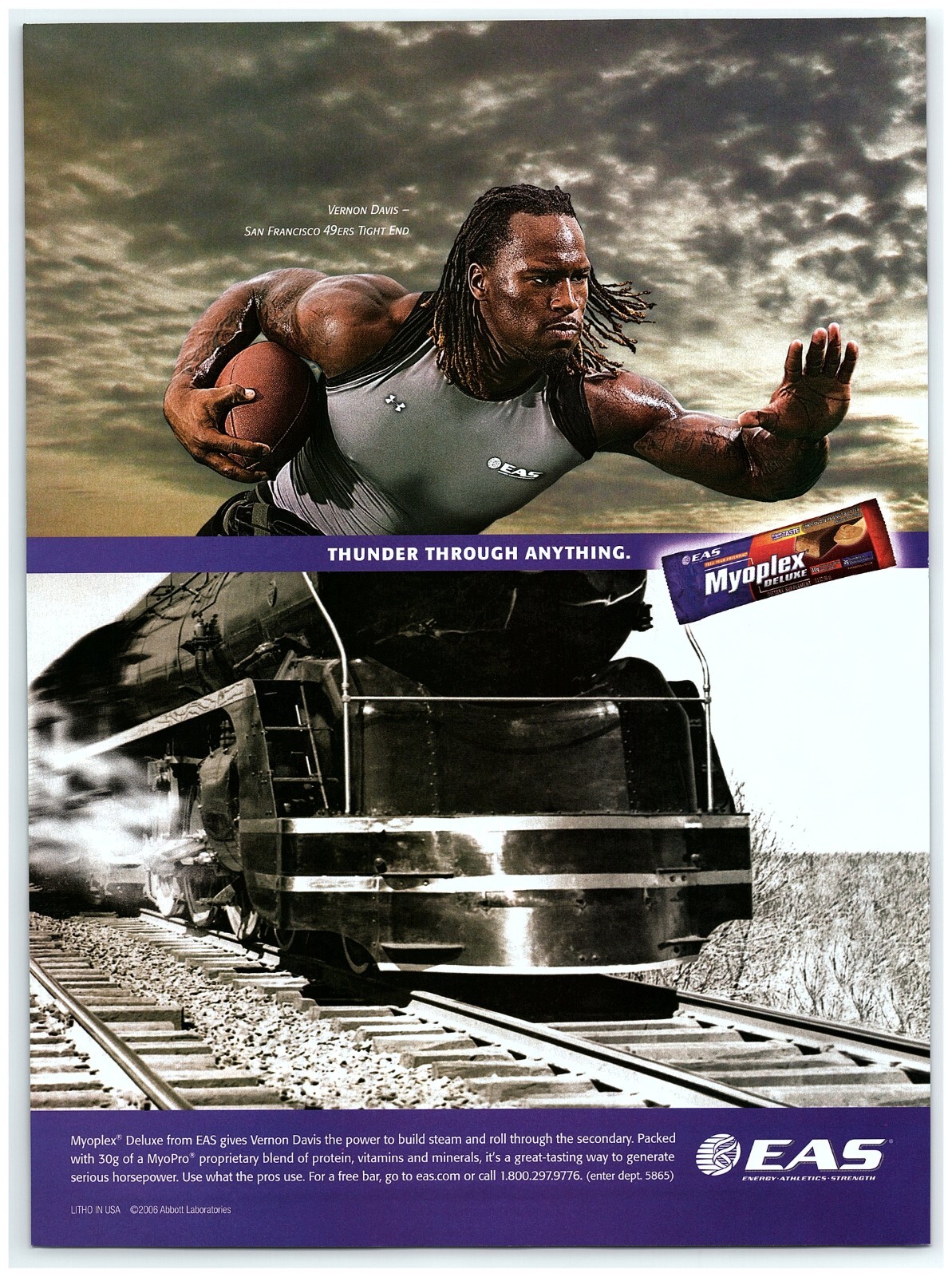 2006 EAS Myoplex Print Ad, Vernon Davis San Fran 49ers Tight End Thunder Train