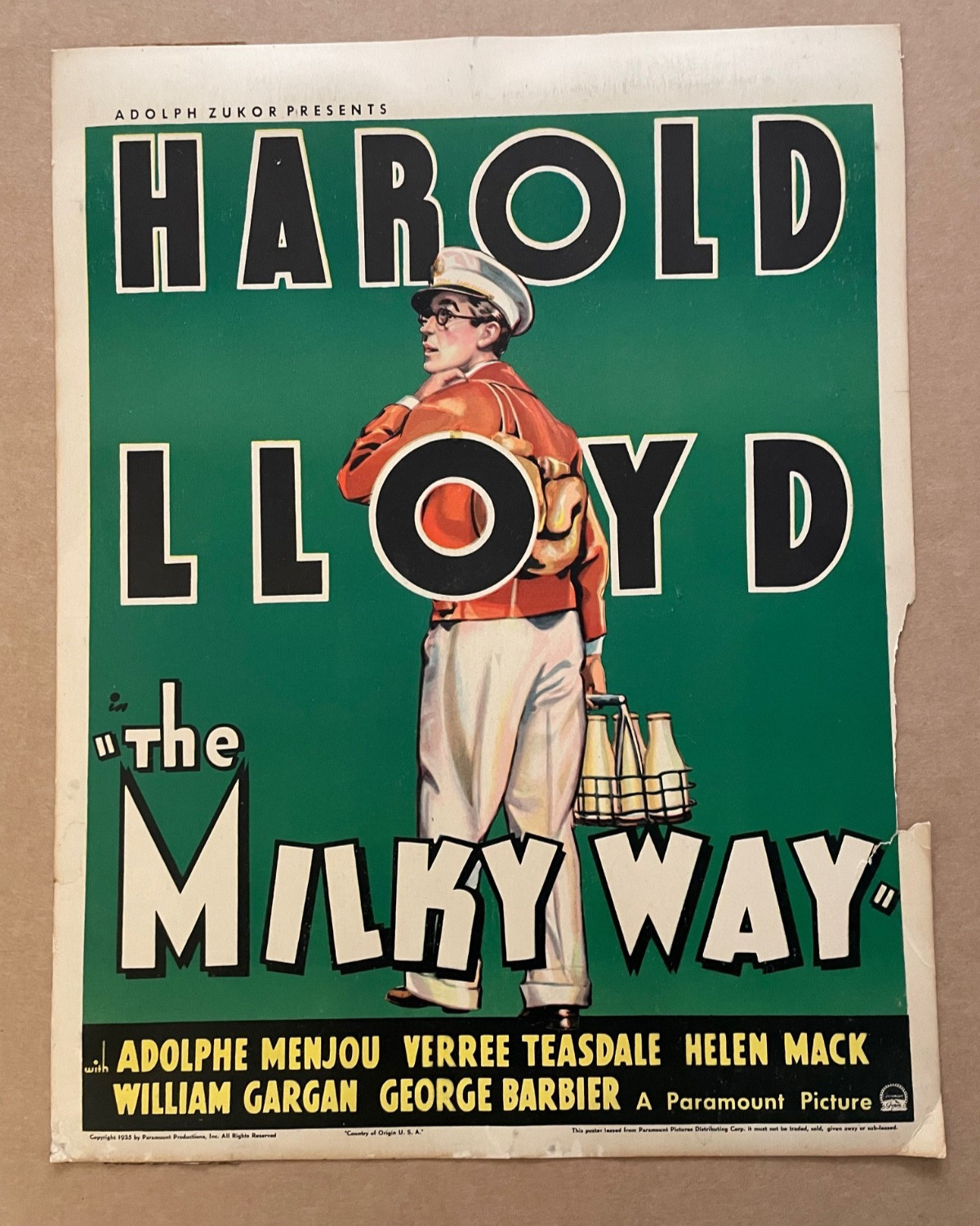 Vintage 1935 MILKY WAY Cardboard Movie Sign Harold Lloyd Milk Bottle Man