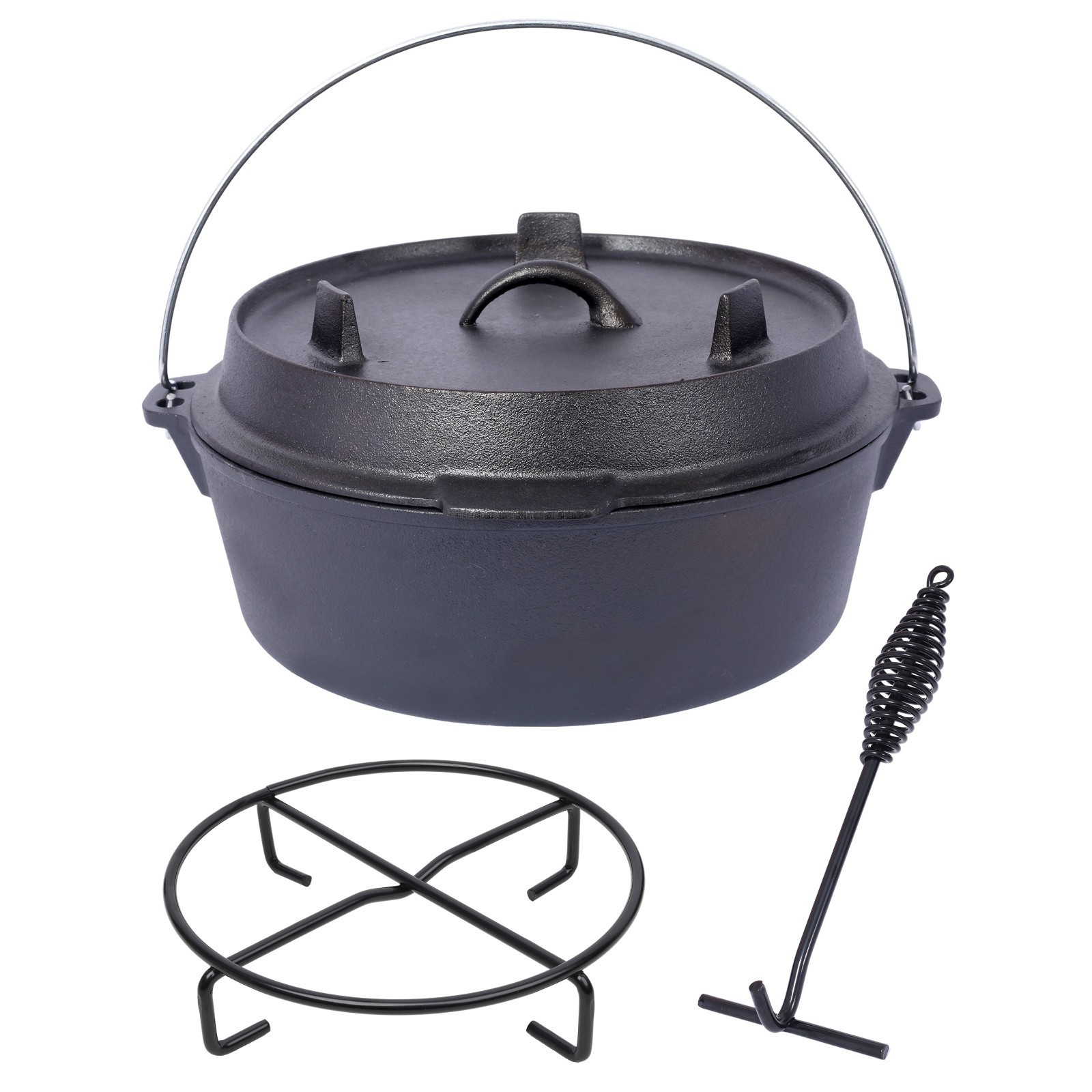 12Qt Cast Iron Dutch Oven, Pre-Seasoned w/Skillet Lid & Pot Rack