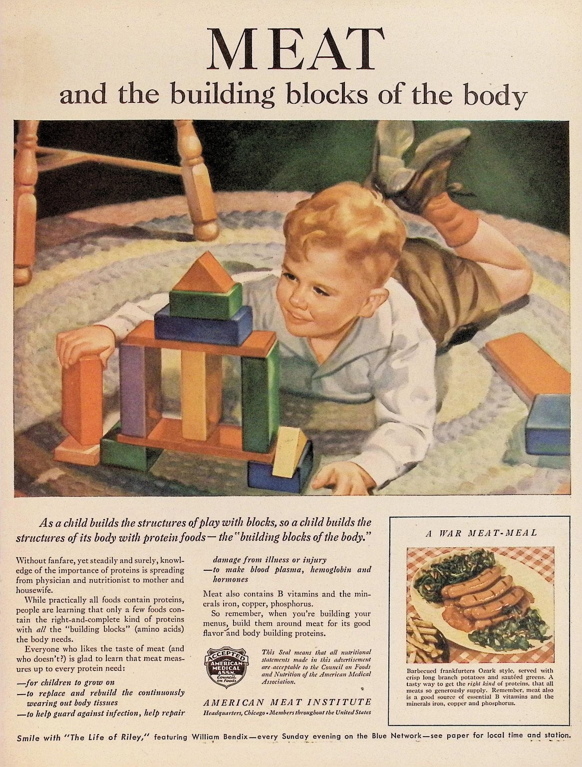 American Meat Institute 1944 Vintage Print Ad Meat Building Blocks Body