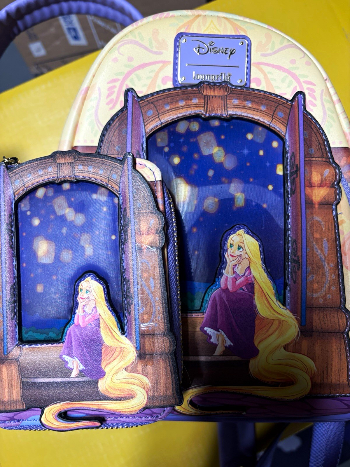 Loungefly RARE Disney Rapunzel lenticular lanterns Backpack & Wallet Set EUC