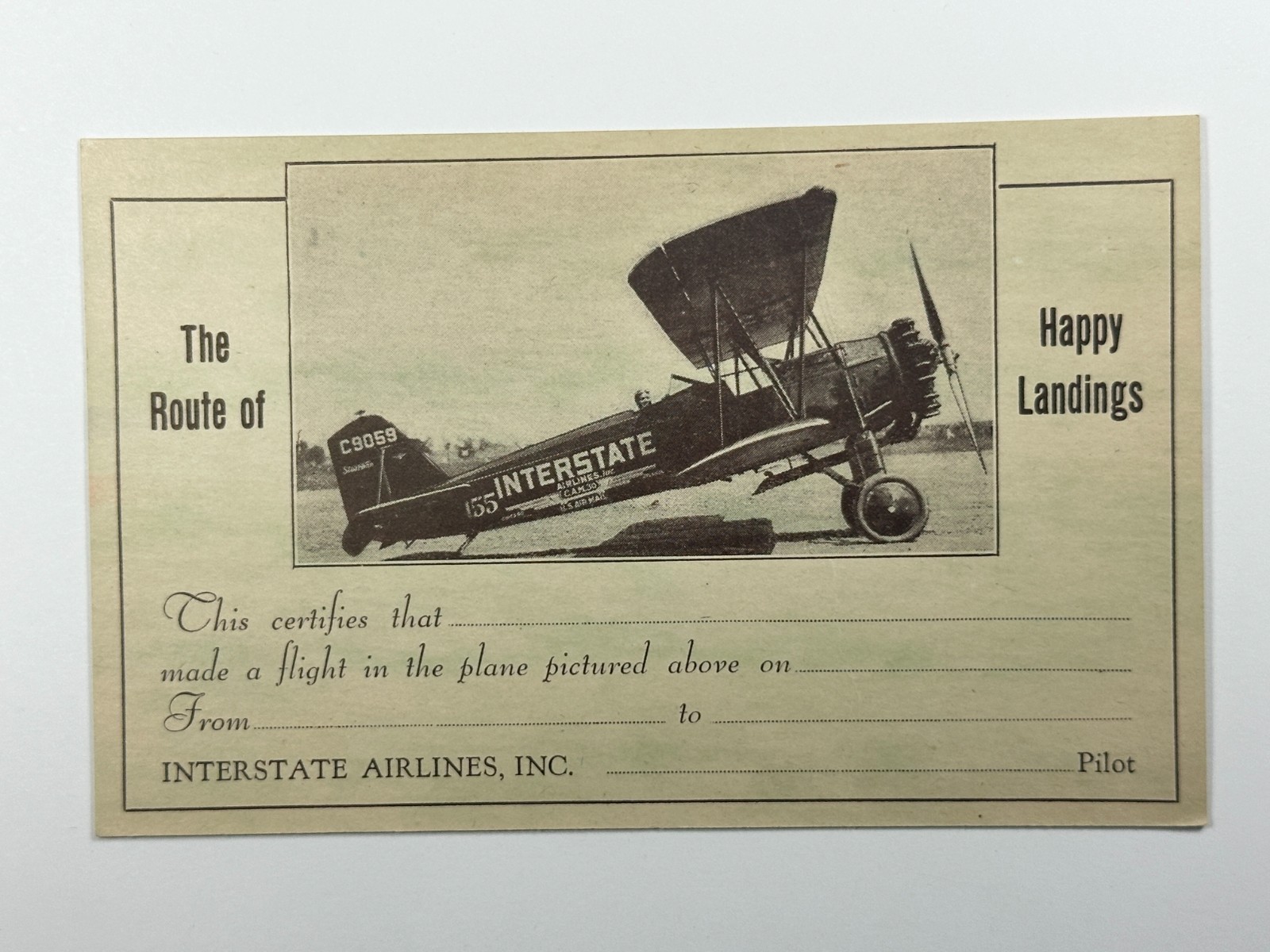 Interstate Airlines Happy Landings Flight Certificate Card Vintage Biplane