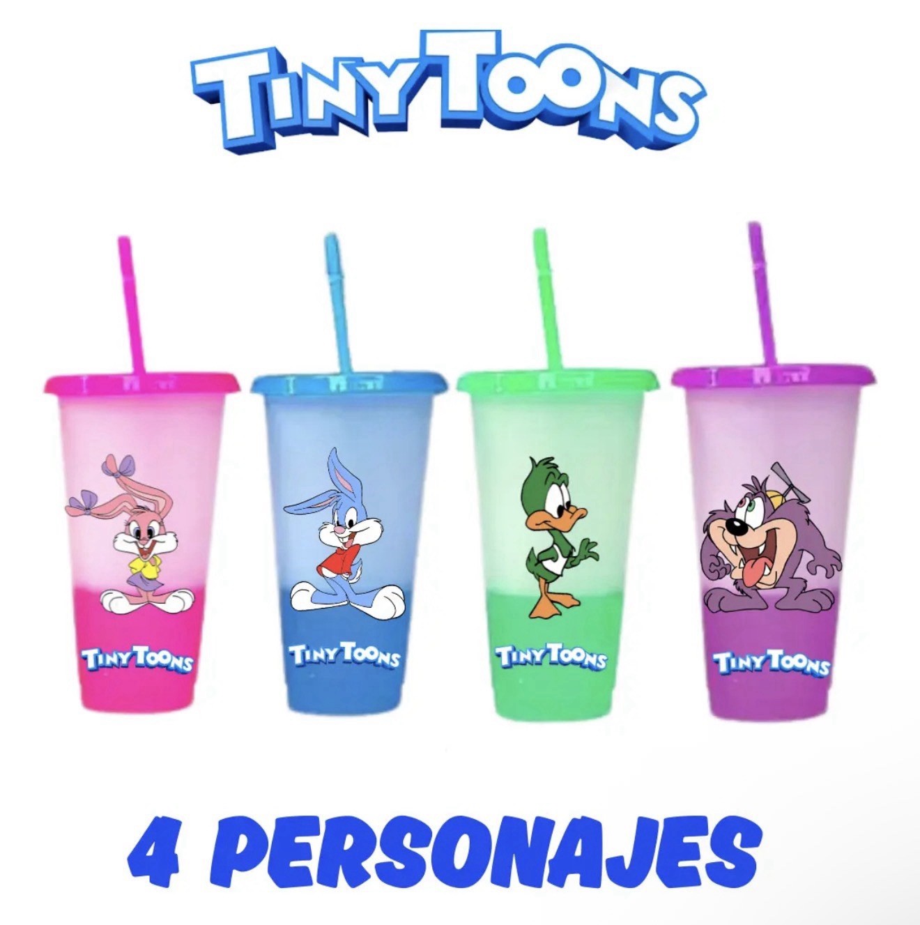 Tiny Toons Color Changing Cups Set of 4 w/ Lid Straw 700ml BPA Free
