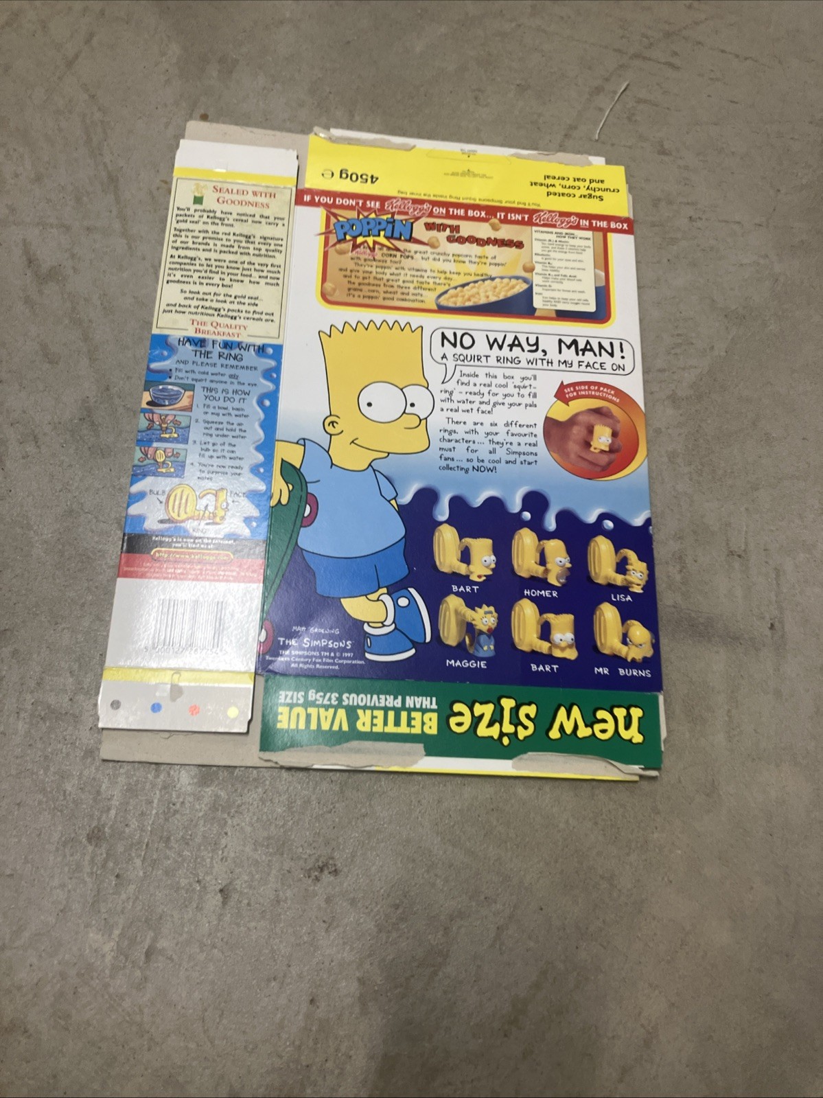 1997 Kelloggs Canada Flat Corn Pops Cereal Box With The Simpsons 5-6 Premiums