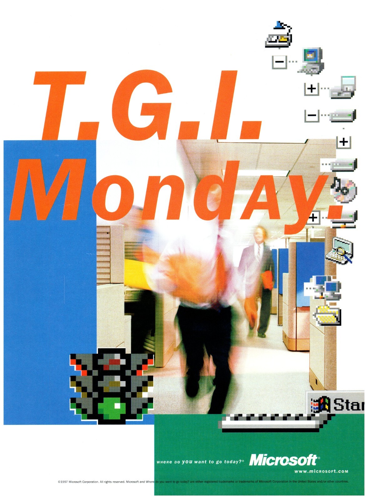 PRINT AD, 1997 Microsoft TGI Monday 90\'s Office Cubicles Where Do You Want To Go