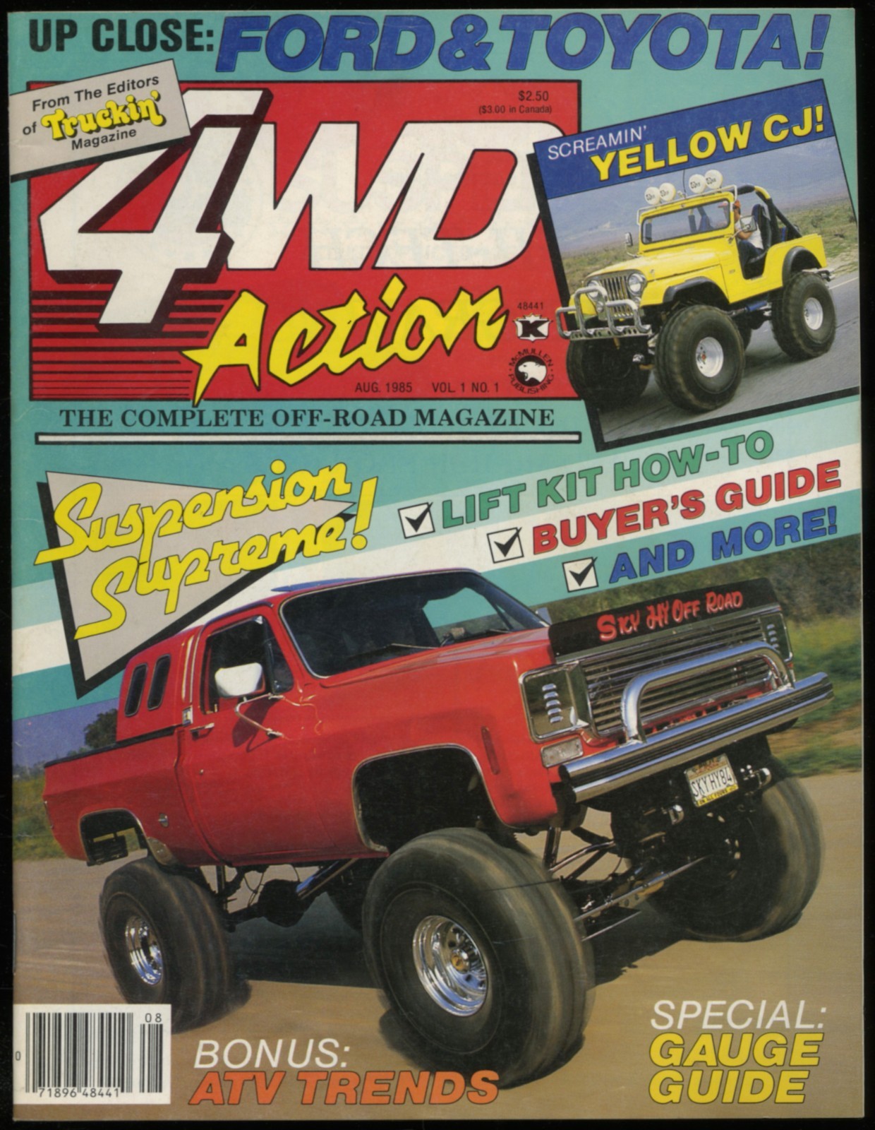 AUGUST 1985 4WD ACTION OFF-ROAD MAGAZINE #1, JEEP CJ, '84 GMC 4x4, FORD & TOYOTA